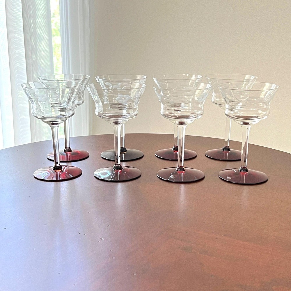 Ruby Red Footed Cocktail Stemware Etched Champagne Glass (8) Vintage Weston